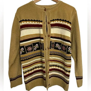 Vintage 70s Fair Isle Button-Up Cardigan – Boho Cottagecore Acrylic Sweater